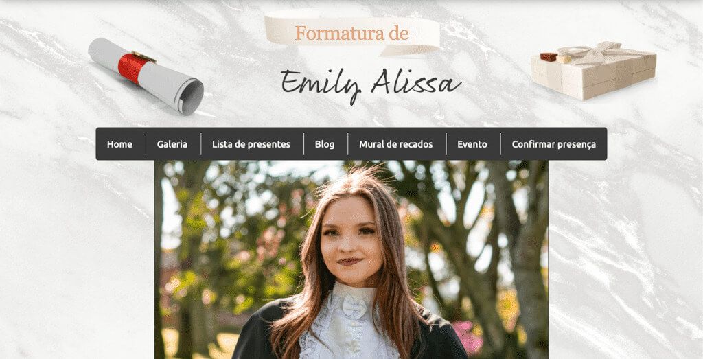 Página inicial do site de formatura da formanda Emily Alissa.