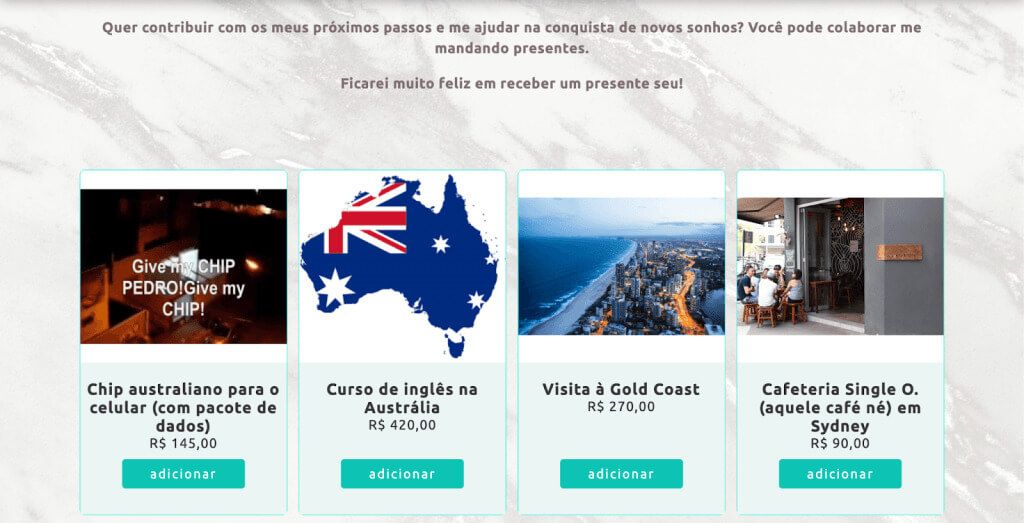 Exemplo de um site de formatura com uma lista de presentes online personalizada e temática, com itens visando um intercâmbio para a Austrália.